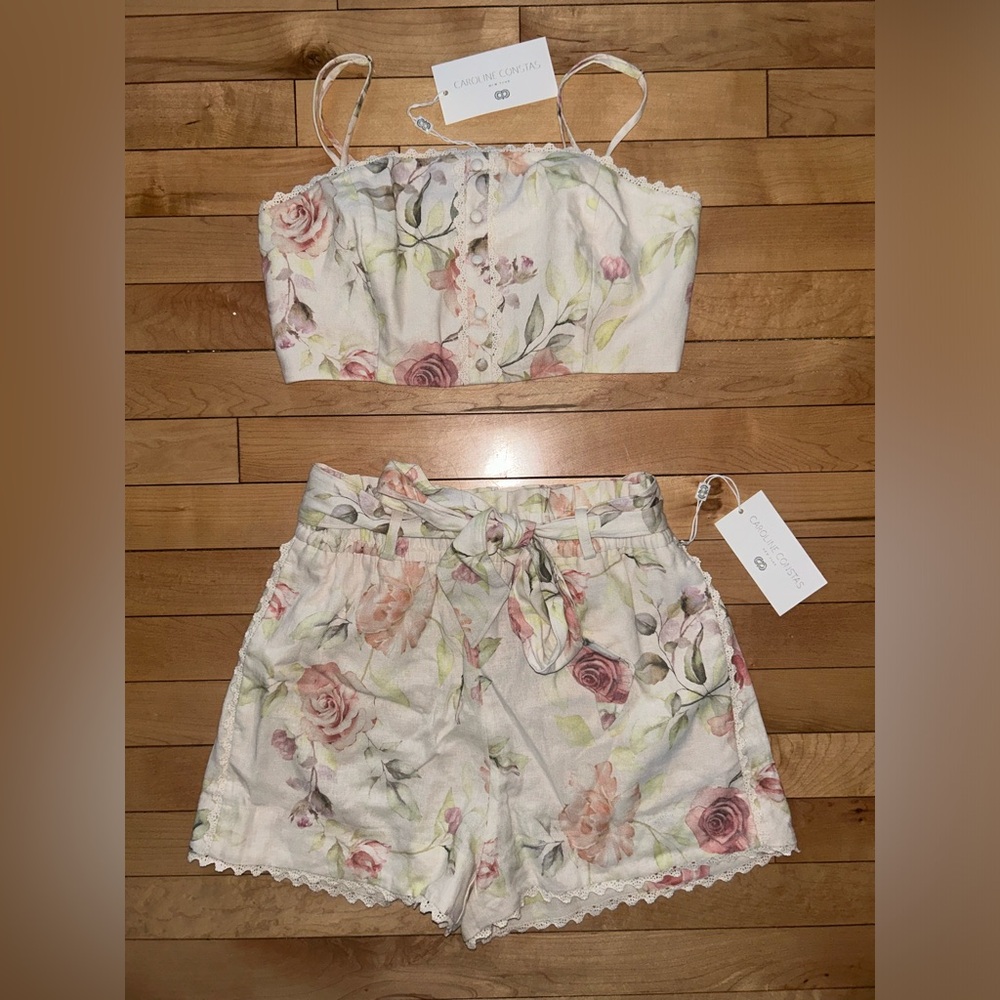 NEW! NWT CAROLINE CONSTAS Linen Crop Top & Short Rose Print Set Size XS